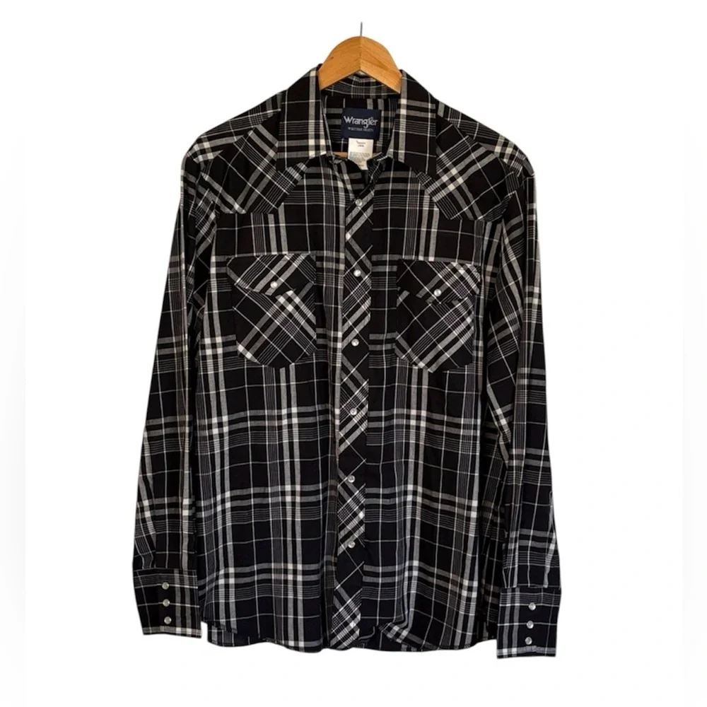Wrangler Western Plaid Shirt Pearl Snap Long Sleeve Black White Size Large - Picture 12 of 12